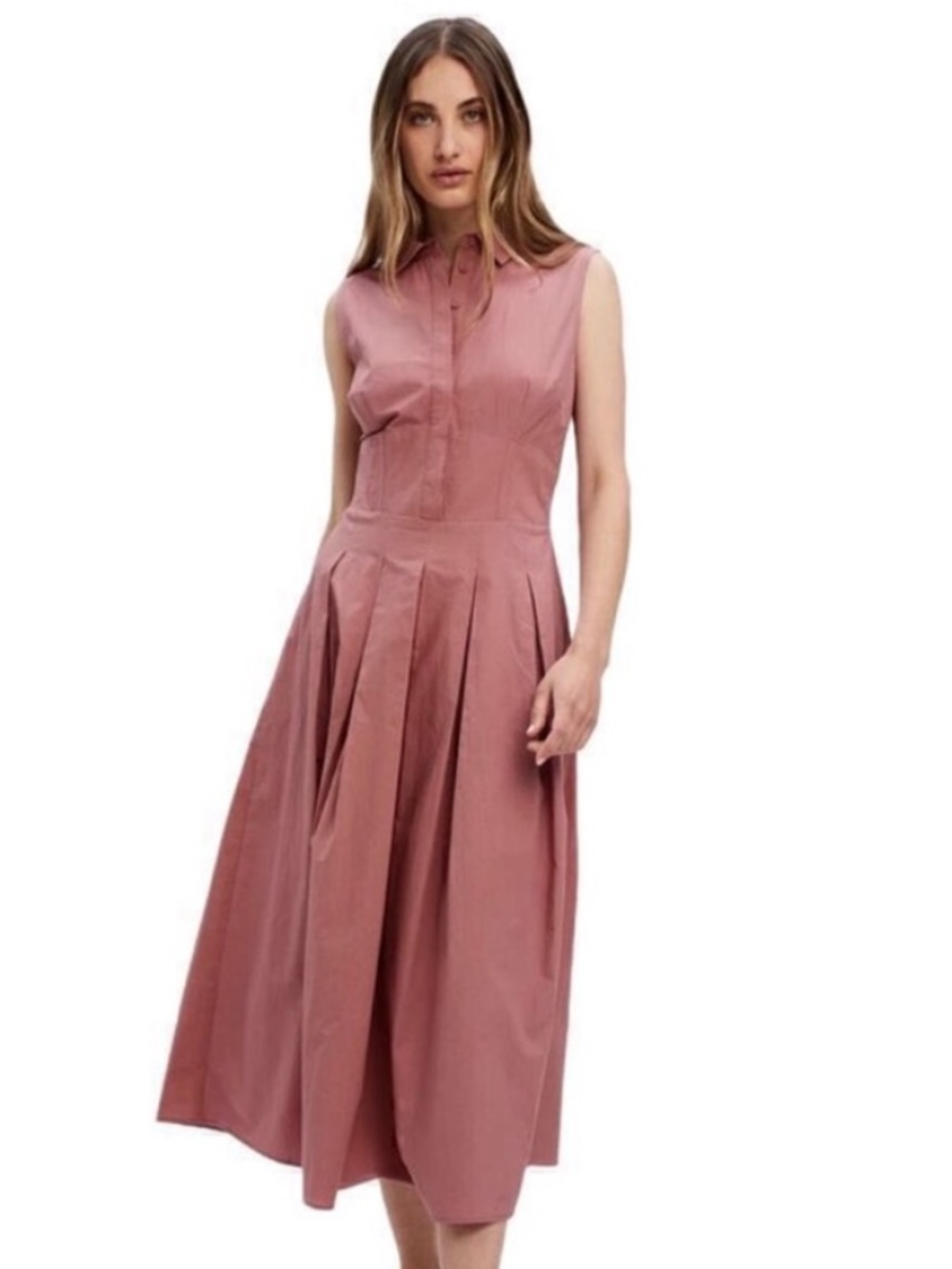 Corseted Bardot Sleeveless Midi Dress in Soft Pink